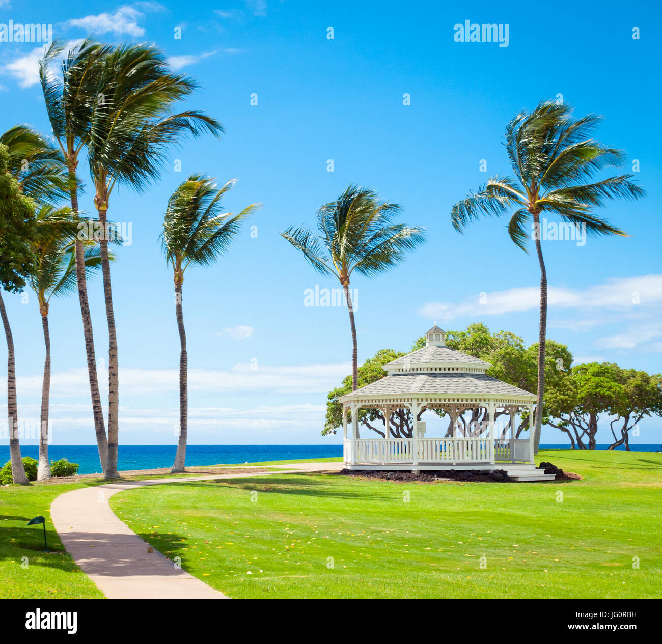 A view of the gazebo, breezy coconut palm trees, and Pacific Ocean at Turtle Pointe at the Fairmont Orchid on the Kohala Coast, Hawaii (Hawai'i). Stock Photo