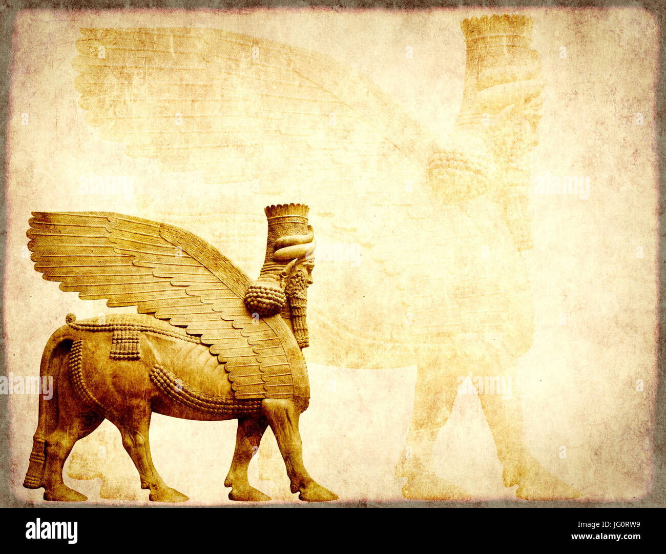 Grunge background with paper texture and lamassu - human-headed winged bull statue, Assyrian protective deity Stock Photo