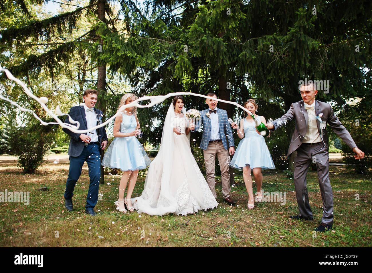 Stunning wedding couple with bridesmaids and groomsmen drinking champagne  in the park on a perfect sunny day Stock Photo - Alamy
