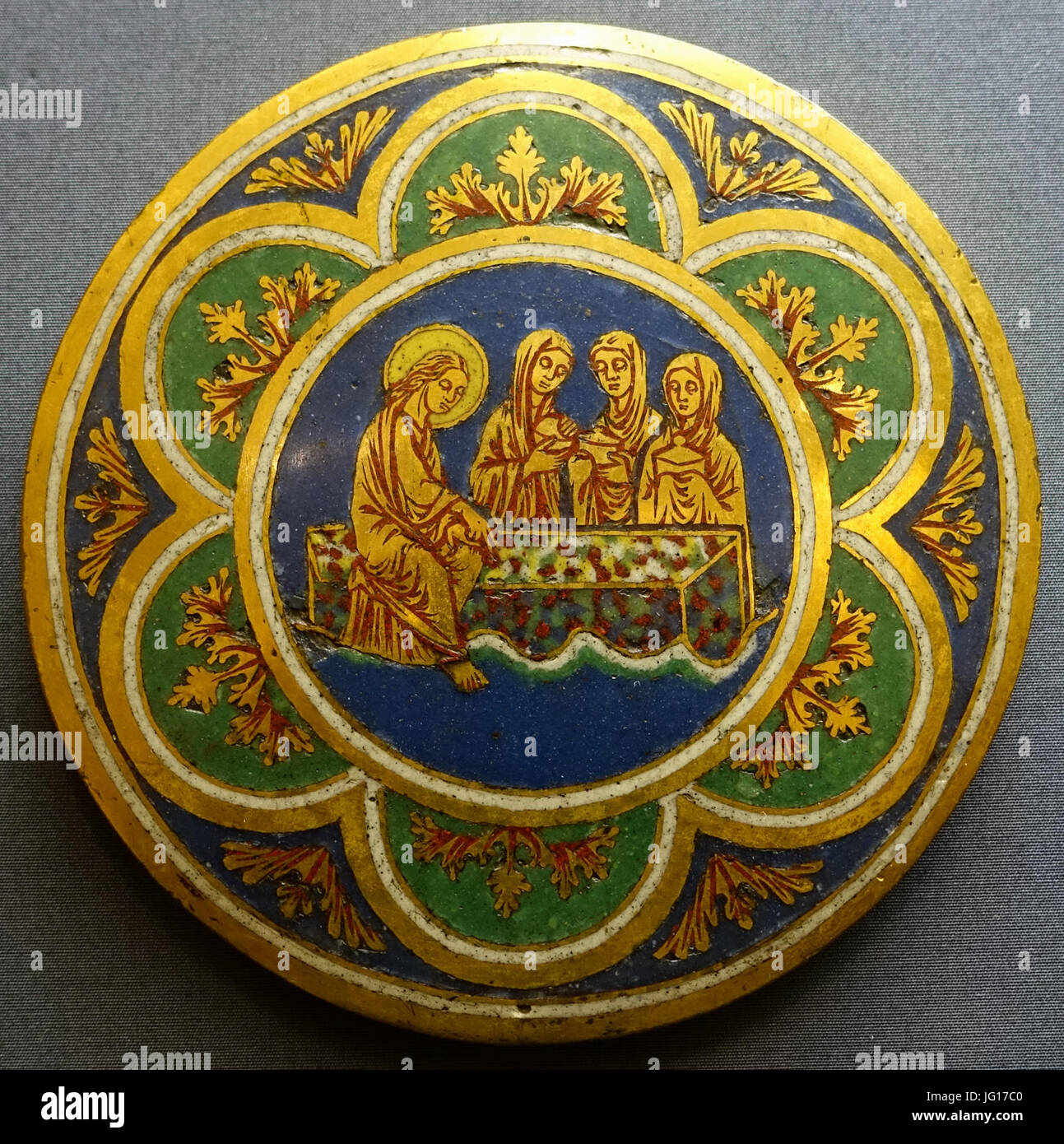 Four enamel medallions, 1. Women at the Sepulchre, Succession of Nichola of Verdun, Cologne, c. 1200, gilt copper with enamel - Museum Schnütgen - Cologne, Germany - DSC09967 Stock Photo