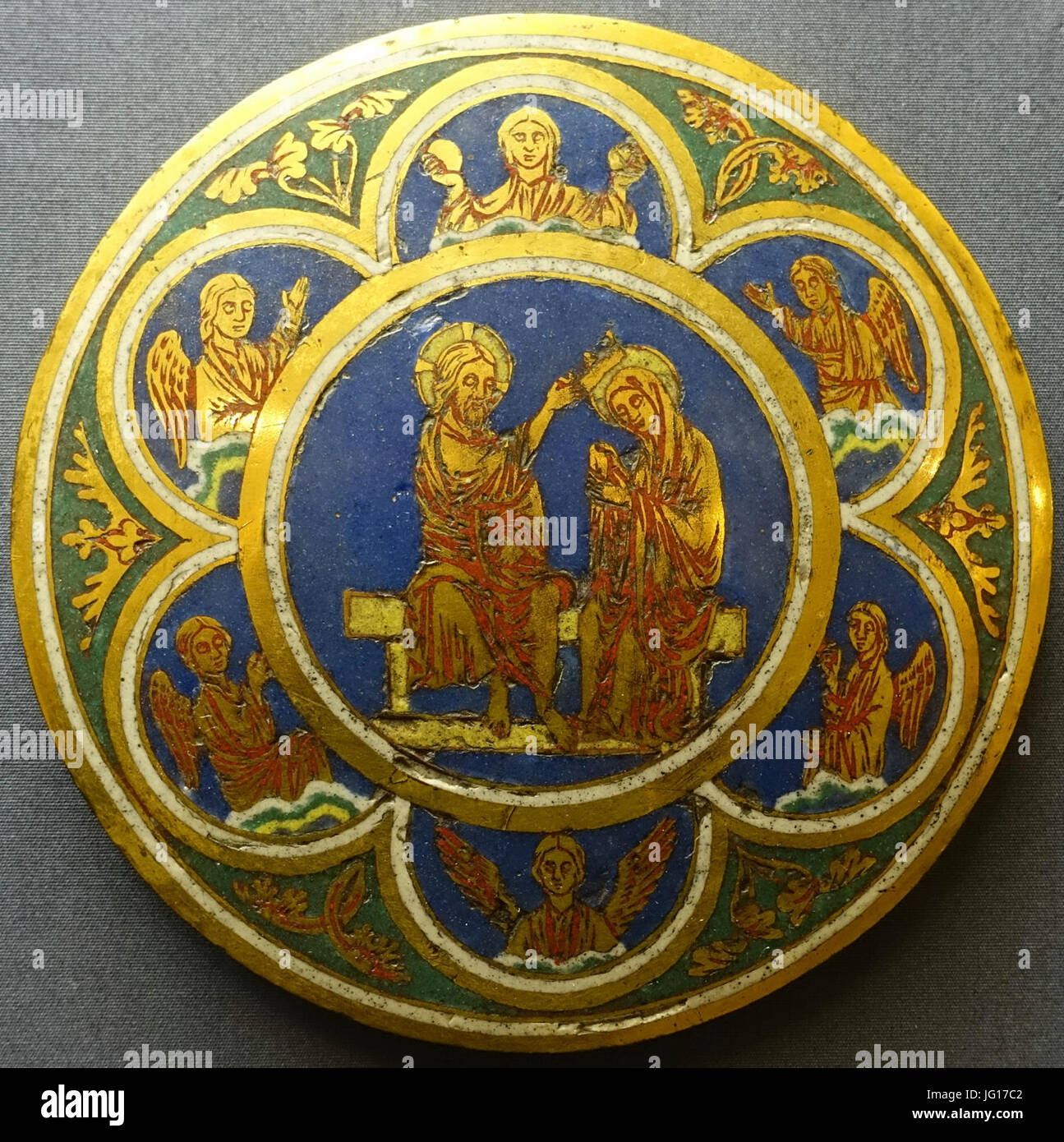 Four enamel medallions, 4. Coronation of the Virgin, Succession of Nichola of Verdun, Cologne, c. 1200, gilt copper with enamel - Museum Schnütgen - Cologne, Germany - DSC09971 Stock Photo
