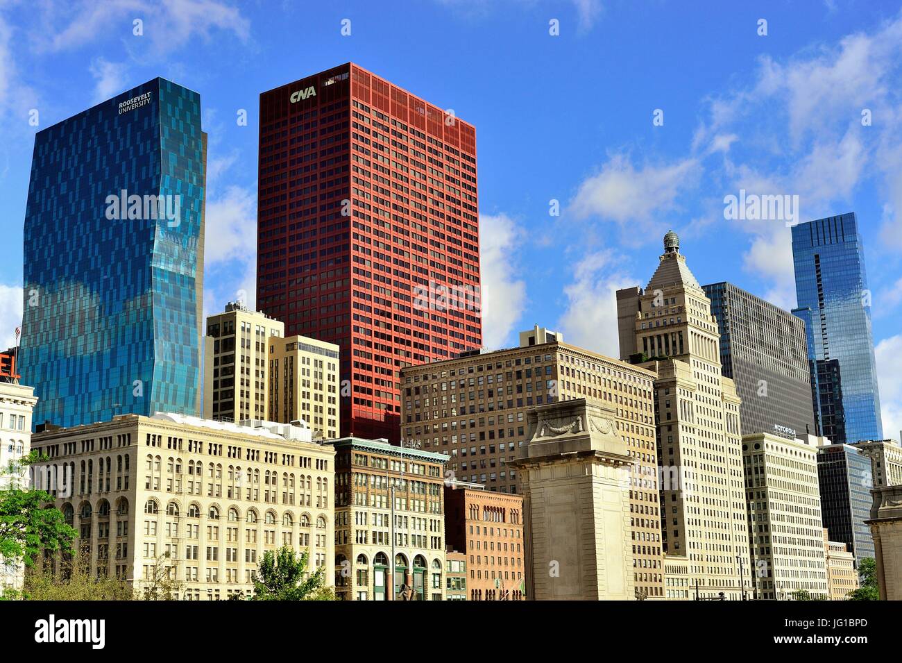 A portion of the city skyline above Michigan Avenue in downtown Chicago