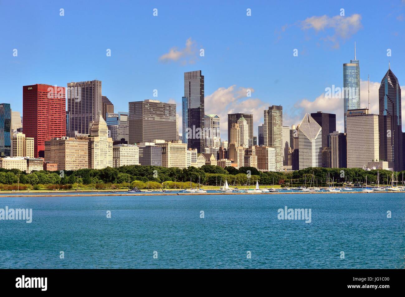 Monroe Street Harbor and Lake Michigan provide a foreground to a segment of the Chicago skyline. Chicago, Illinois, USA. Stock Photo