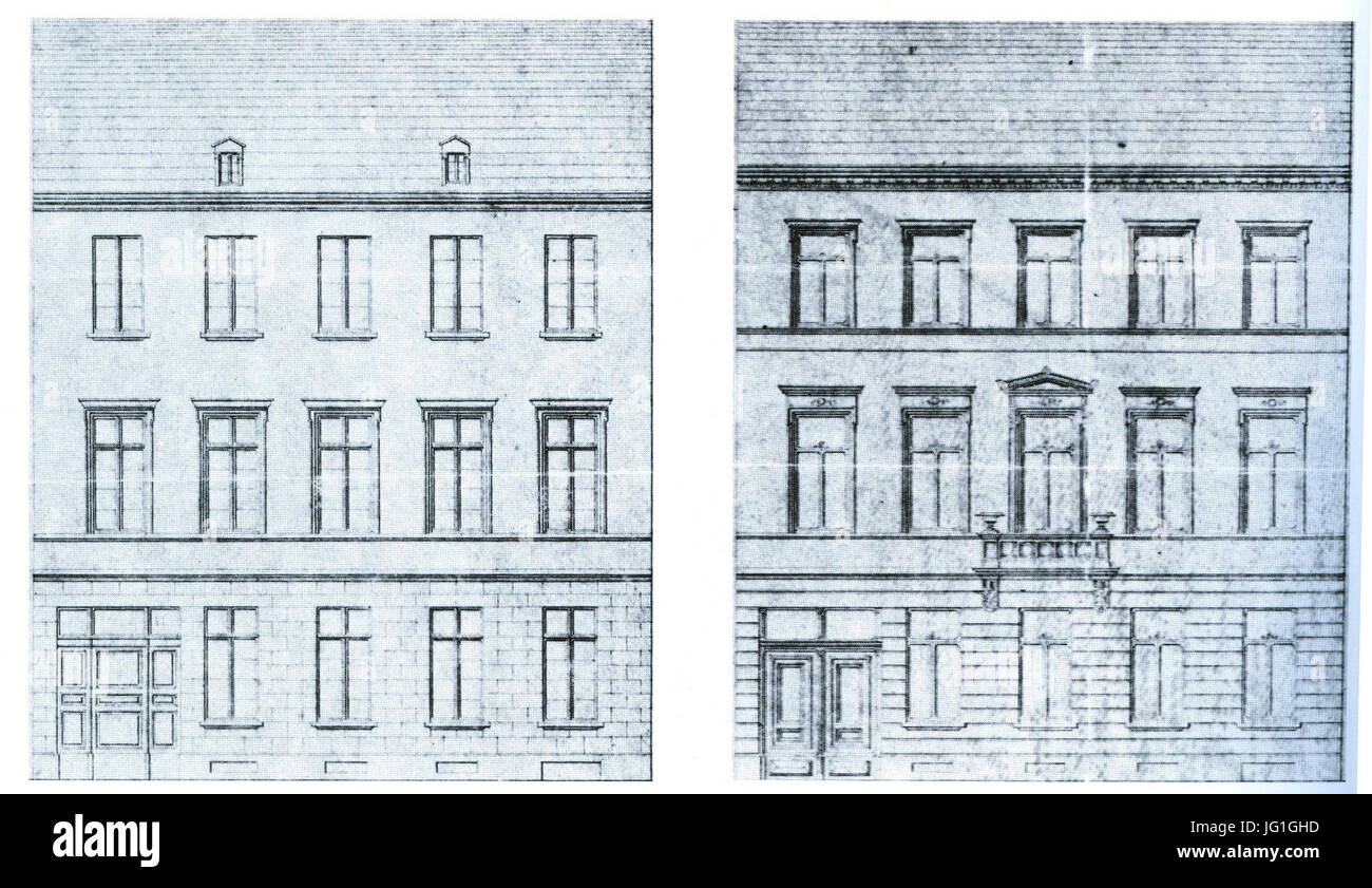 Düsseldorf, Schadowstraße 51, Frühklassizistische Fassade und Vorschlag von J. Krons zur Fassadenänderung Stock Photo