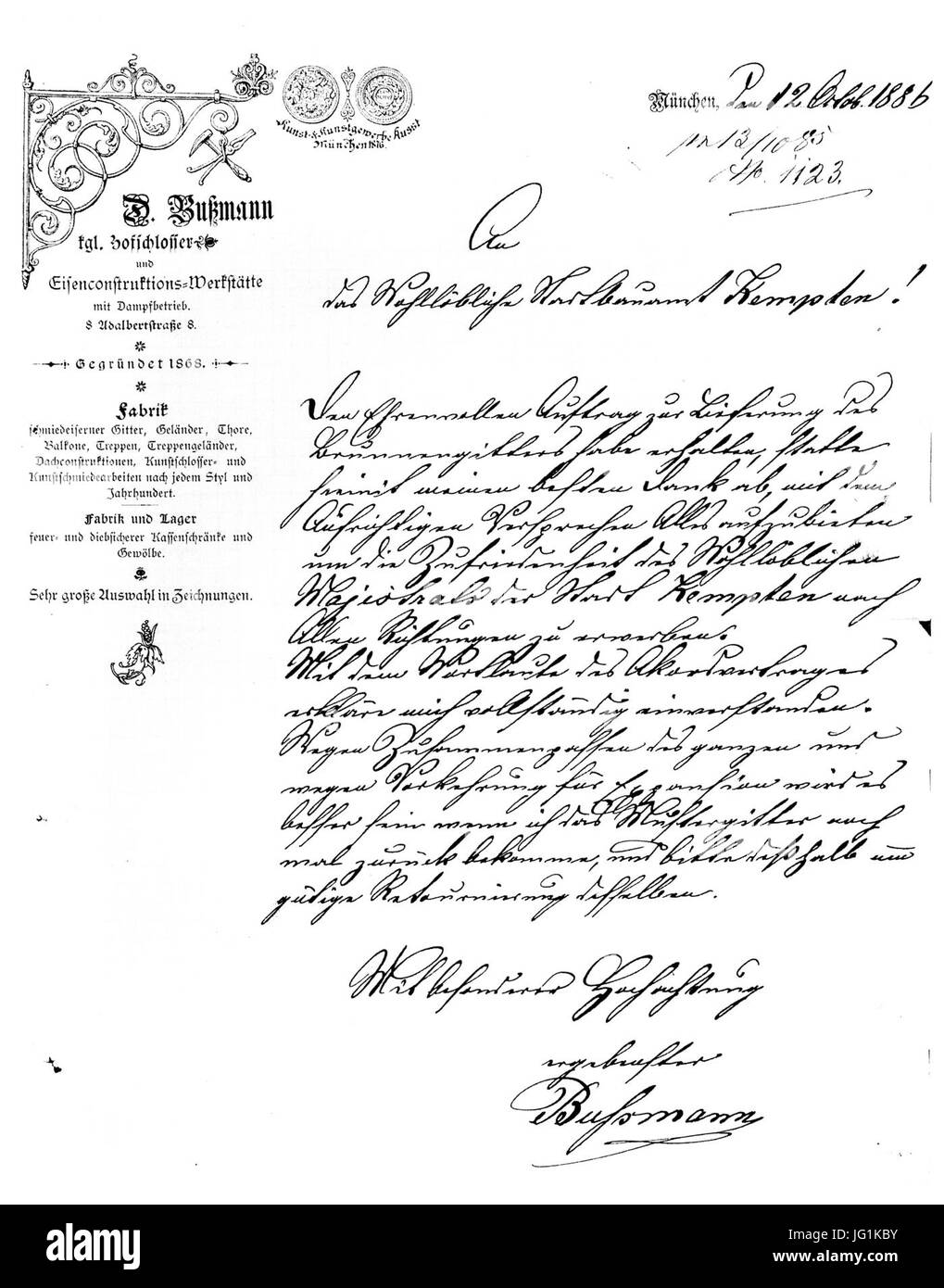 Dankschreiben des käB6nglichen Hofschlossers Buä9Fmann wegen Auftrag der StKe zum Herstellen eines Ziergitters, 1886 Stock Photo