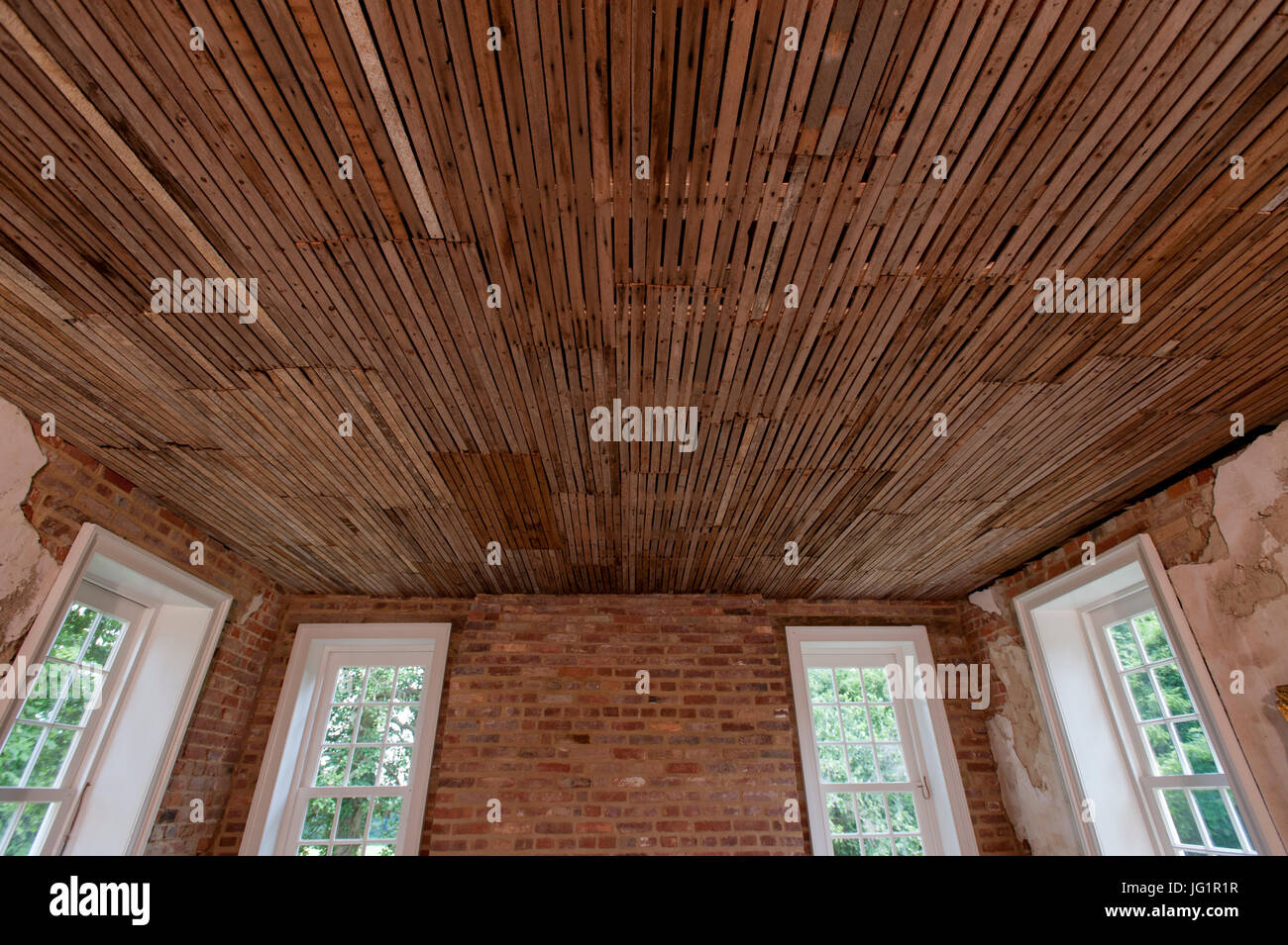 Exposed lath in an old USA chapel built in 1779 in Upper Marlboro Prince Georges county on a tobacco plantation ceiling Stock Photo