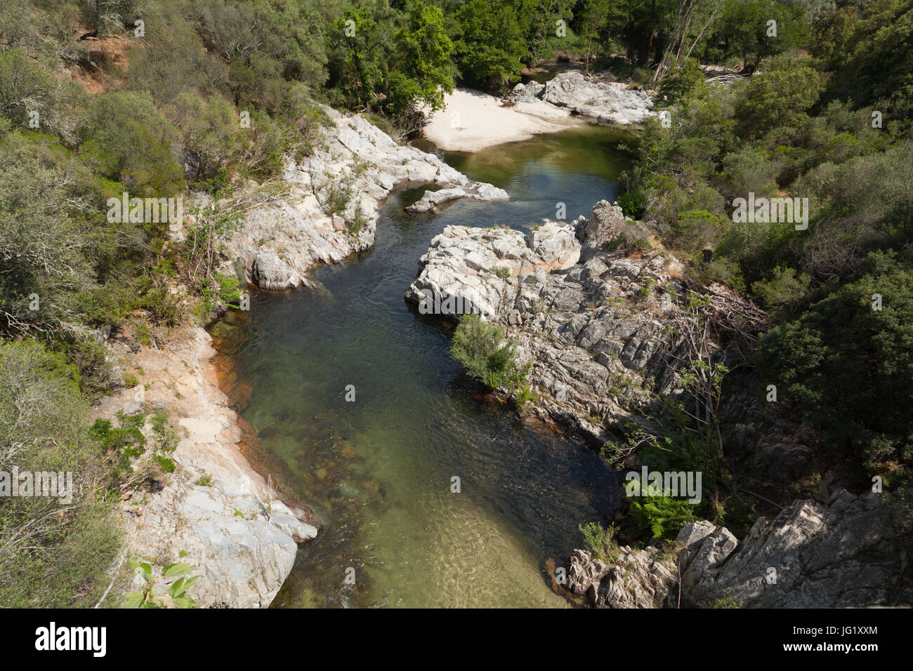 Top-down view from the bridge to the river. Corsica. Stock Photo