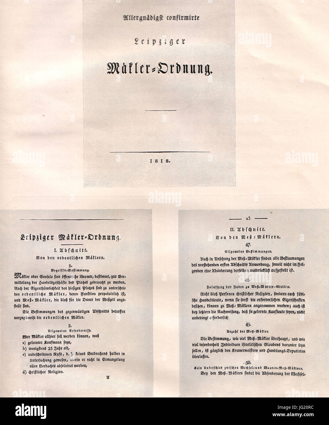 Hundert Jahre Marcus Harmelin 1830-1930 (Seite 11, Leipziger Mäkler-Ordnung von 1818) Stock Photo