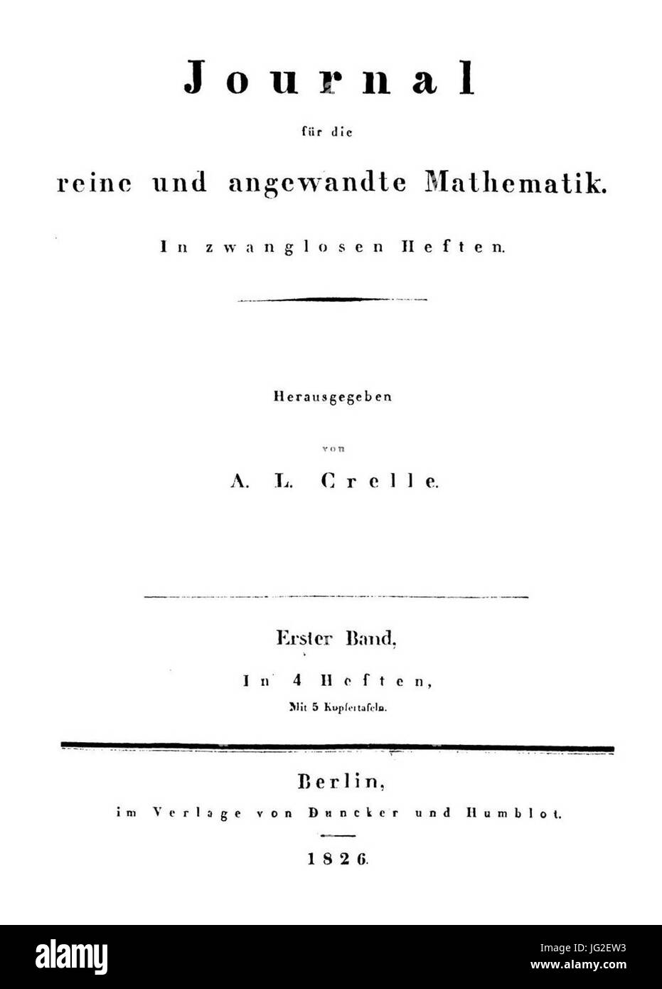 Journal für die reine und angewandte Mathematik 1826 Titel Stock Photo
