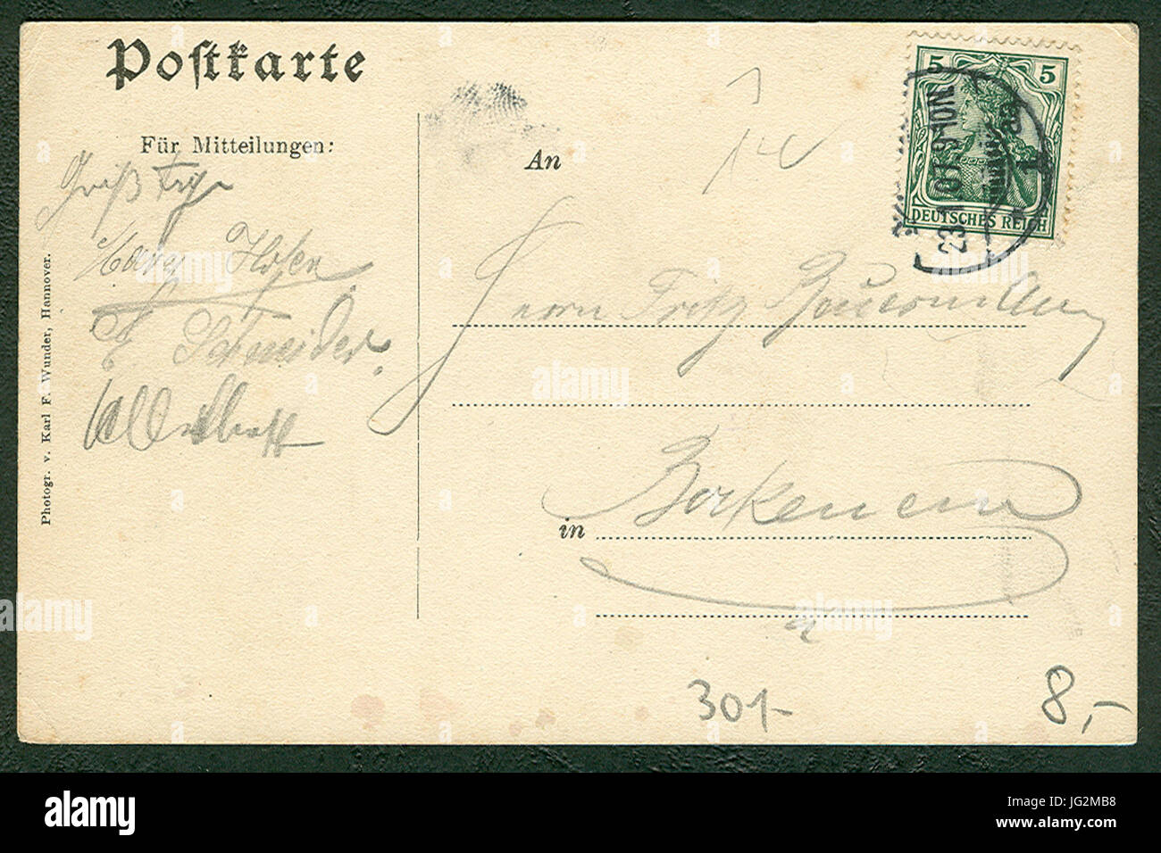 Karl F. Wunder PC Gruß aus der Münchner Bierhalle. Inh. Carl Densner. Restauration Louisenstr. 5. Hannover. Adressseite Stock Photo