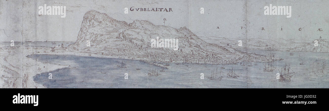 Gibraltar en 1567 (detalle de la 'Vista panorámica de la bahía de Gibraltar hacia la ciudad con la costa africana en el fondo' de Anton van Den Wyngaerde conservado en el Ashmolean Museum de Oxford) Stock Photo