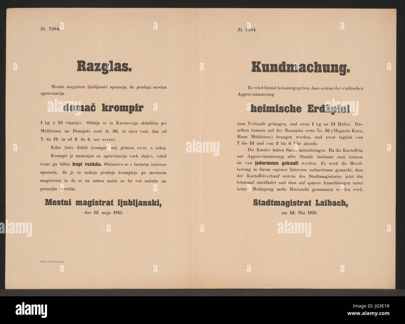 Heimische Erdäpfel - Kundmachung - Laibach - Mehrsprachiges Plakat 1915 Stock Photo