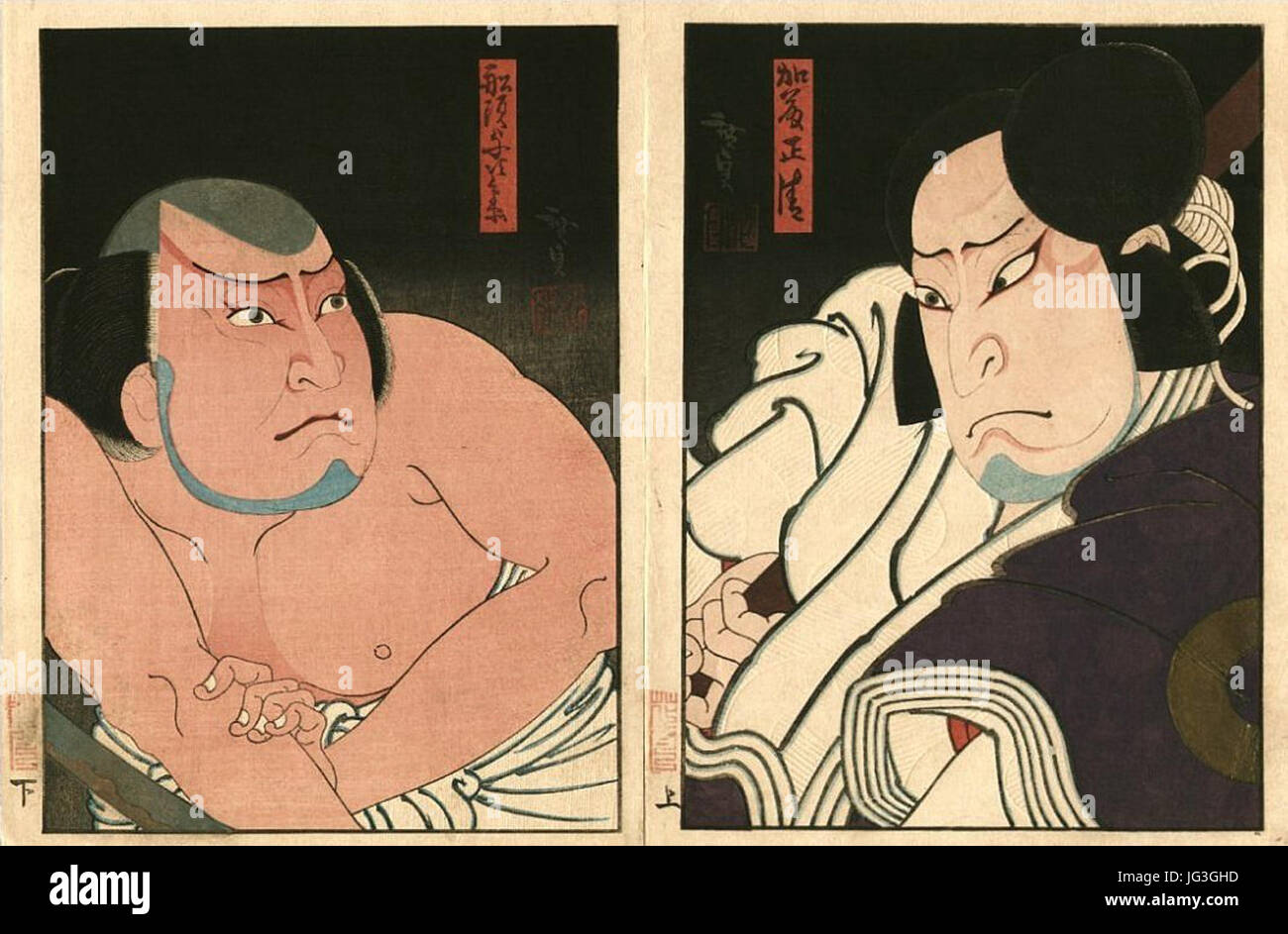Hirosada - Nakamura Utaemon IV as Katô Masakiyo & Nakamura Tomosa II as the boatman Yojibei in 'Keisei Kiyome no Funauta', (1)1851 Stock Photo