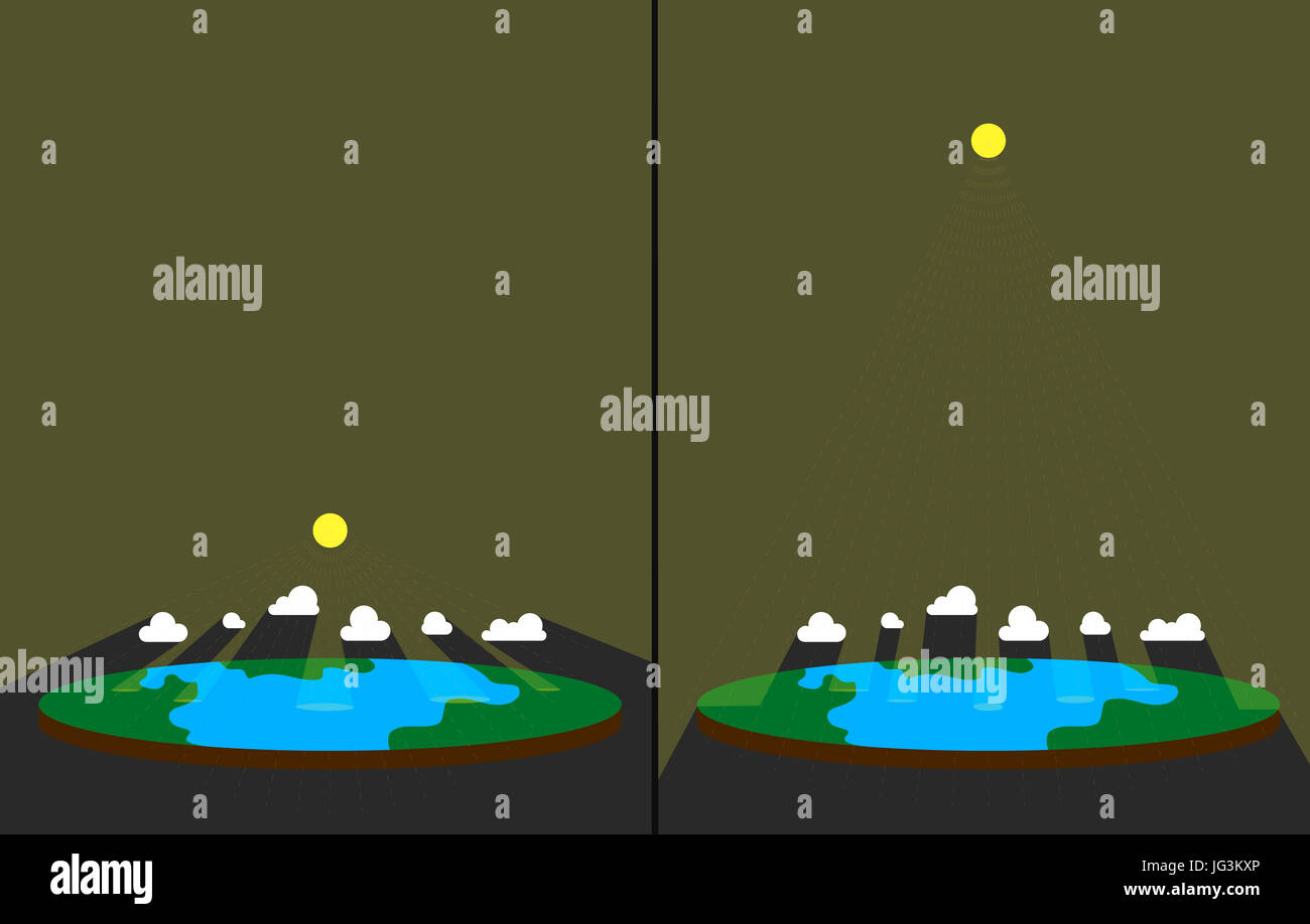 Sun light on flat earth. Sun rays through clouds. Crepuscular rays