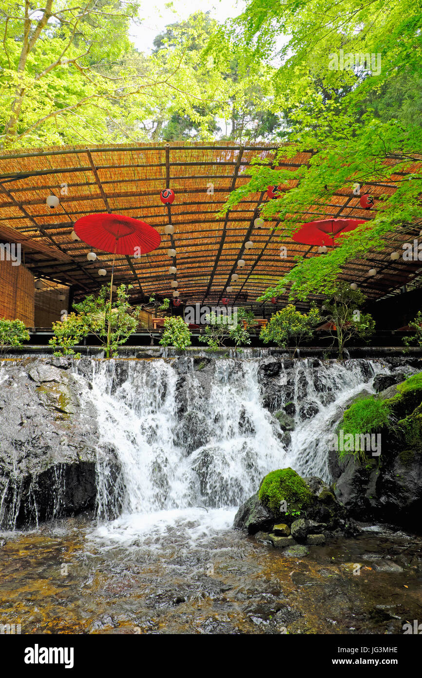 Hirobun restaurant in Kibune. From May to September, visitors can enjoy meals on covered platforms over the river known as kawadoko dining. Stock Photo