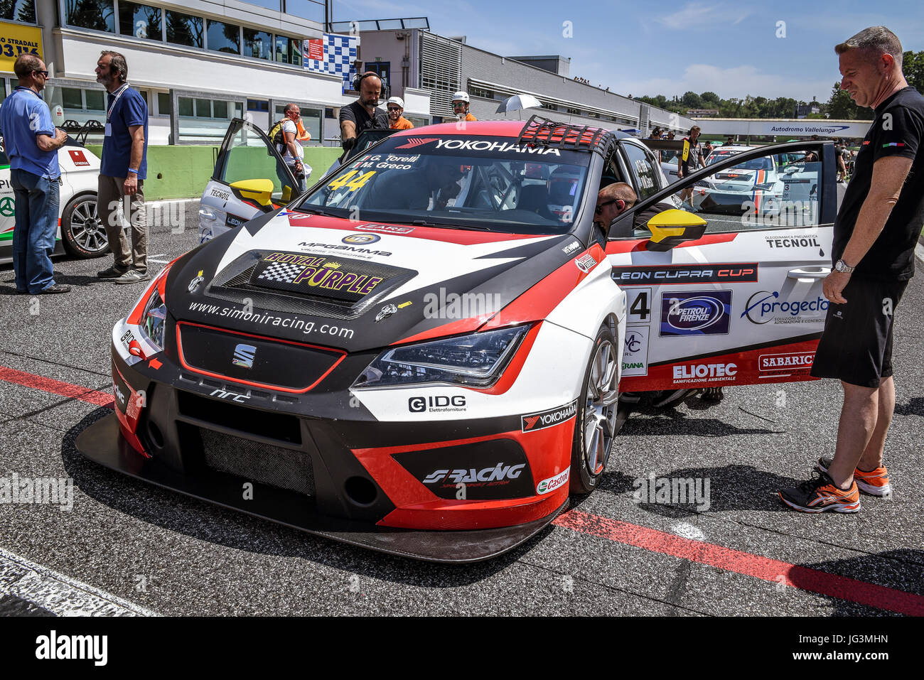 Seat Leon Cupra Cup racing, drivers Gabriele Torelli and Matteo Greco car, on circuit starting grid line up bef Stock Photo