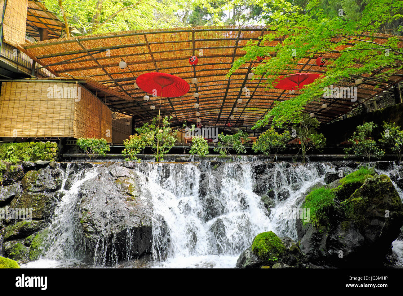 Hirobun restaurant in Kibune. From May to September, visitors can enjoy meals on covered platforms over the river known as kawadoko dining. Stock Photo