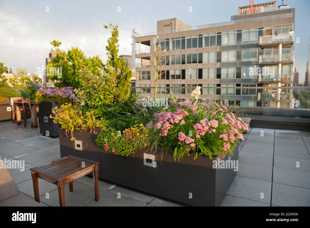 Many of the apartment buildings in Tribeca have rooftop gardens. July 1, 2017 Stock Photo