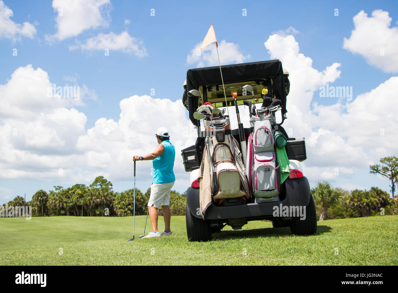 Golf Cart and Golfer on Beautiful Golf Course Stock Photo Alamy