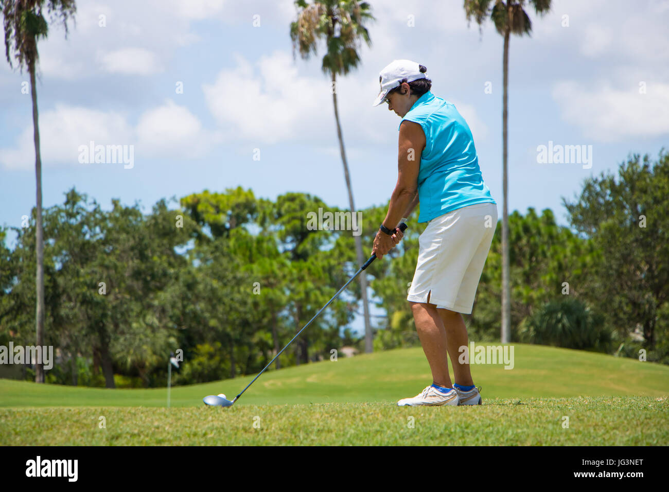 Golfer Hitting Ball on Beautiful Golf Course Stock Photo