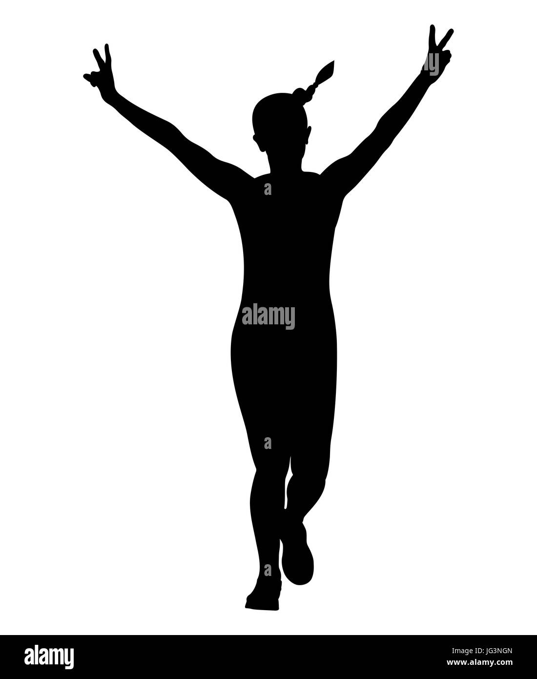girl running hand peace symbols black silhouette Stock Photo