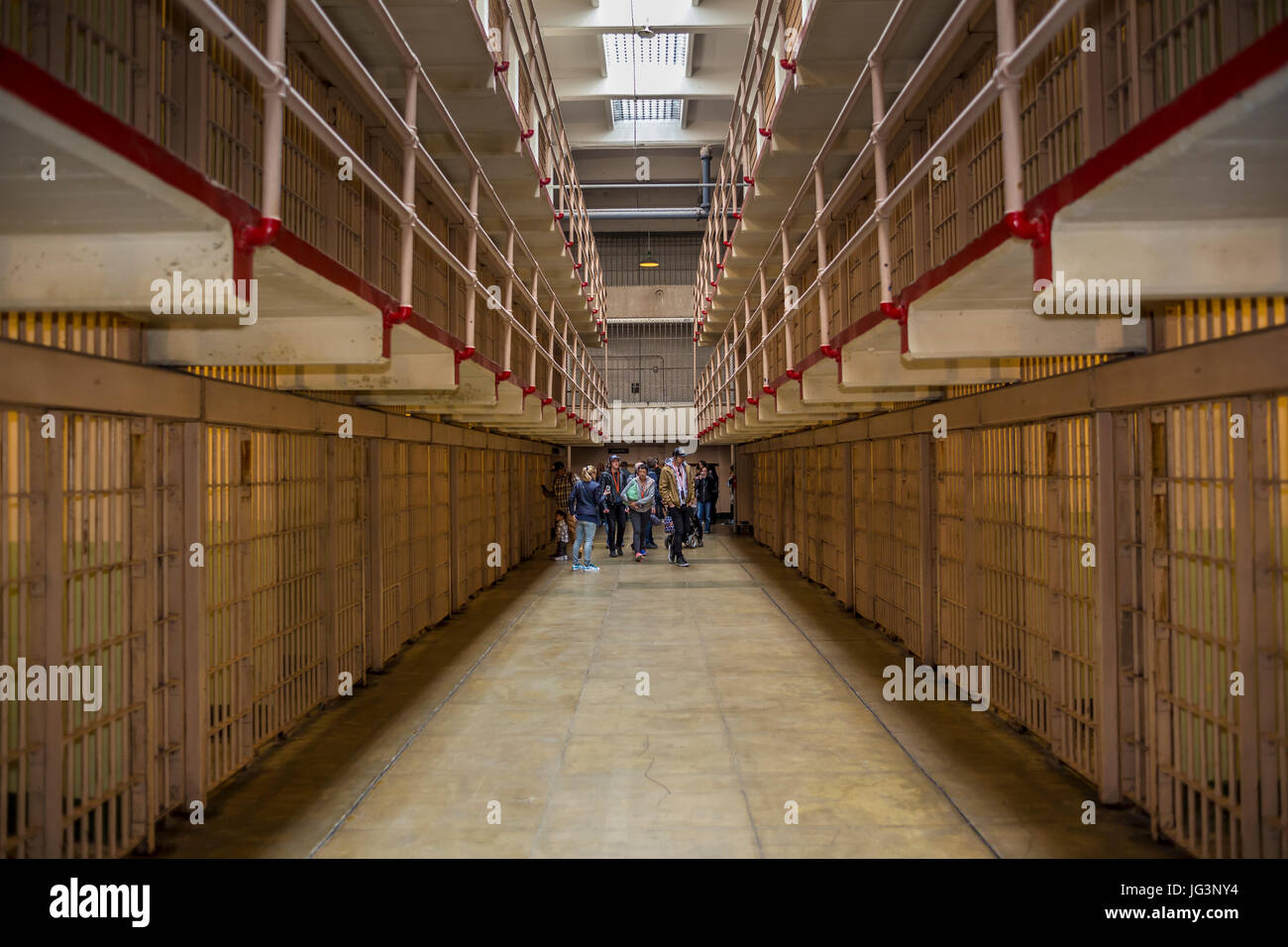 people, tourists, cellblock, cellhouse, Alcatraz Prison, United States Penitentiary, Alcatraz Island, San Francisco Bay, San Francisco, California Stock Photo