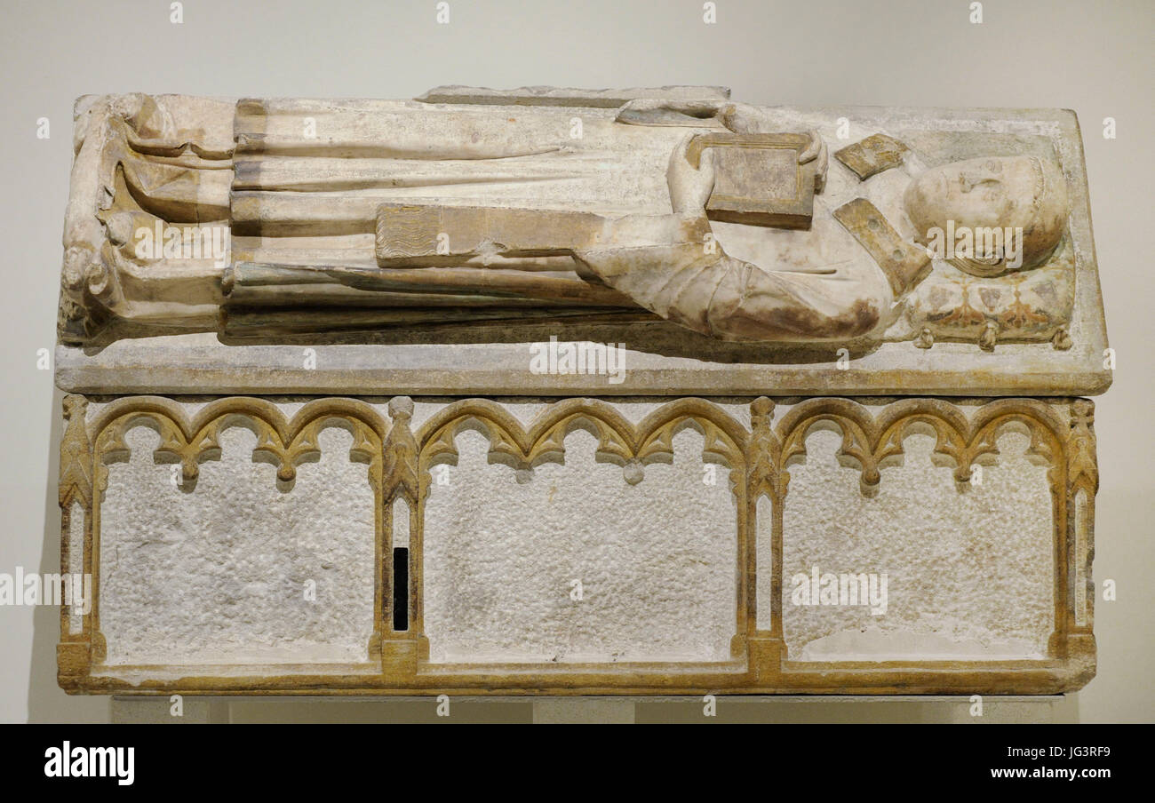 Sepulchre of Hug de Cardona (d.1330), 1327. By Joan de Tournai (documented between 1323-1329). From the Chapel of Sant Antoni in the Barcelona Cathedral. Alabaster. National Art Museum of Catalonia. Barcelona. Catalonia. Spain. Stock Photo
