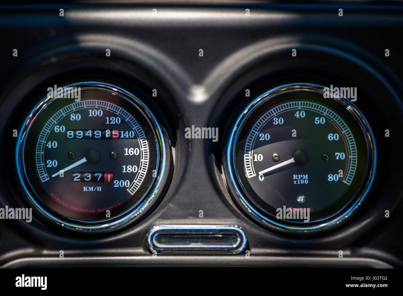Speedometer and indicator of the engine speed on dashboard of a Harley