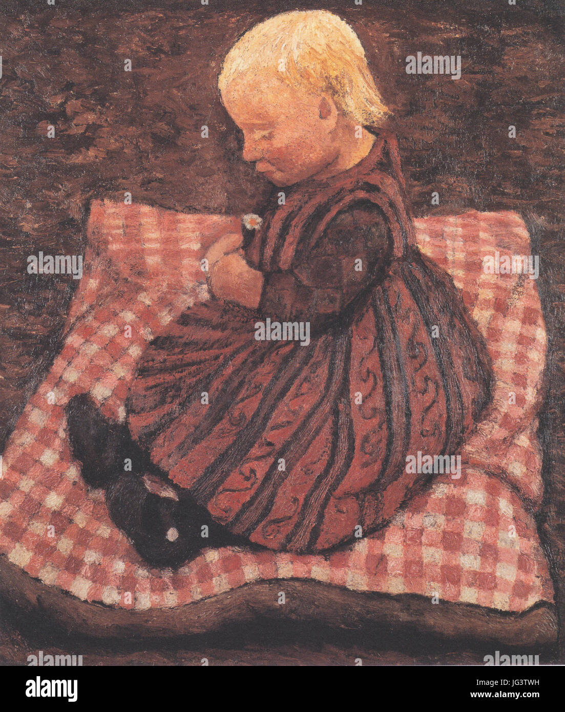 Modersohn-Becker - Kind auf rotgewürfeltem Kissen Stock Photo