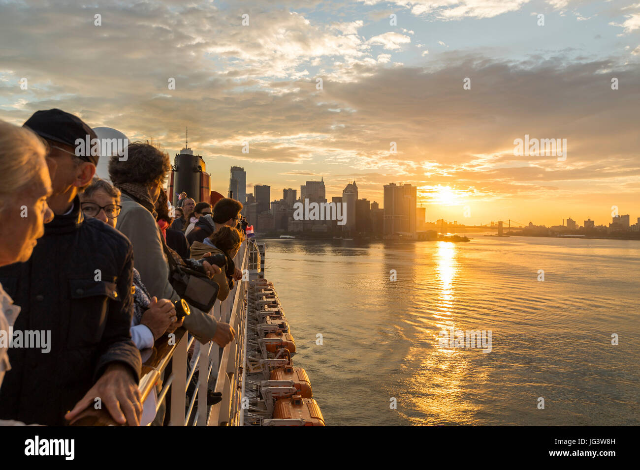 USA, New York, on 2017/07/01 : arrival of the The Bridge 2017, a transatlantic race from Saint-Nazaire to New York between the cruise ship Queen Mary 2 and four trimarans, “Sodebo” (Thomas Coville), “Idec” (Francis Joyon), “Macif” (François Gabart) and “Actual” (Yves le Blévec). This regatta was organized to commemorate the centenary of the first arrival of American troops on the French coasts in June 1917. Stock Photo