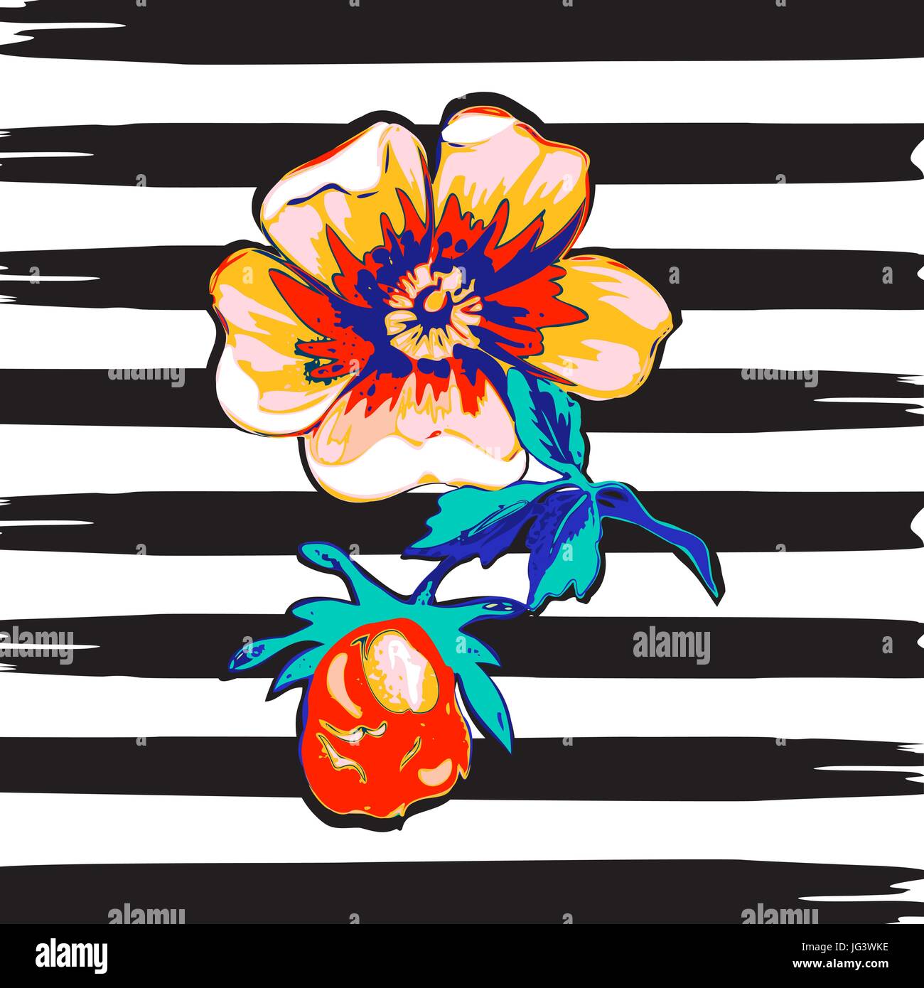 Vector Lower Print Exotic branch botanical tropical flowers roses print stripes pattern ...