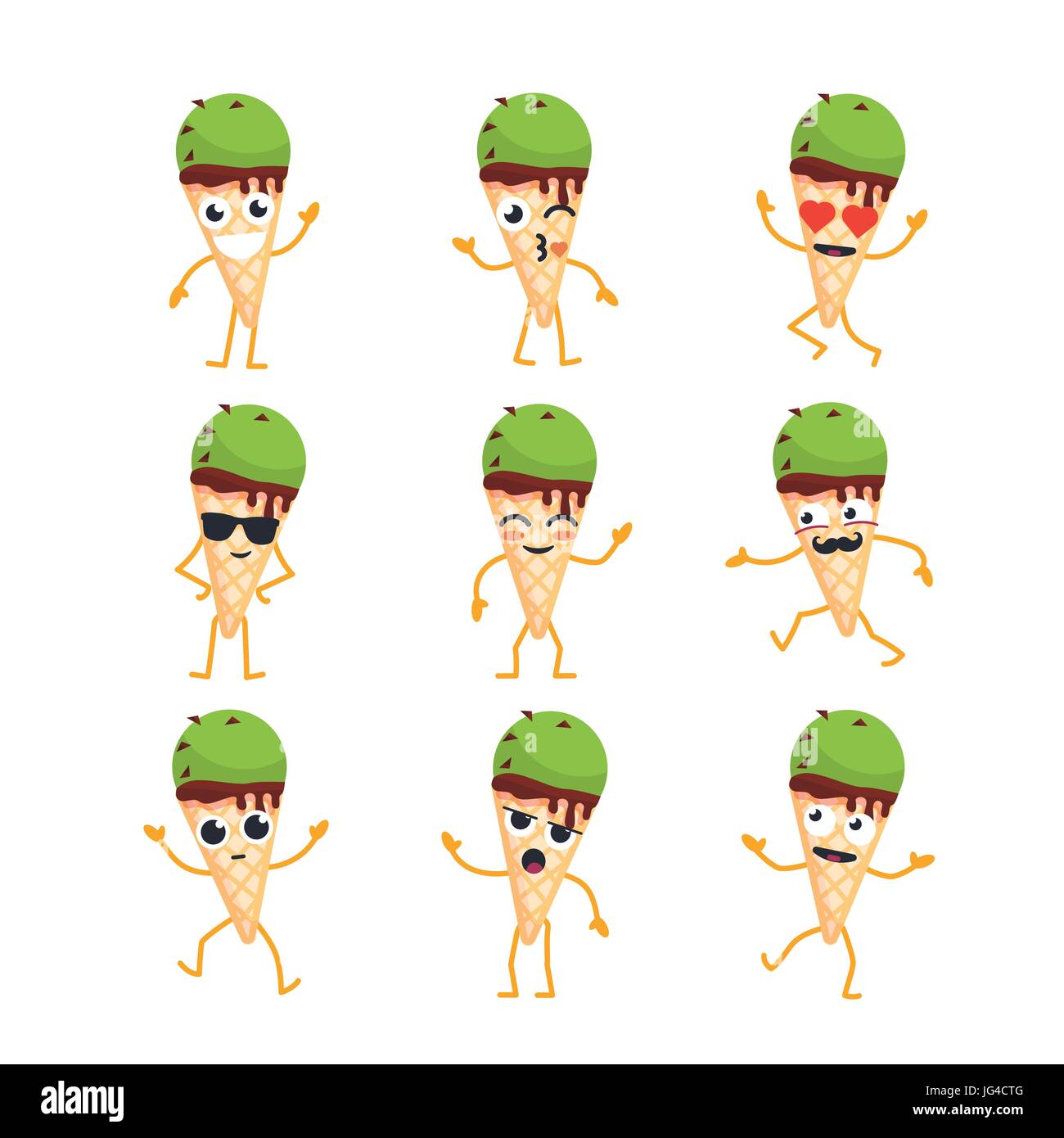 Ice Cream Cartoon Character - modern vector template set of mascot illustrations. Gift images of an ice cream dancing, smiling, having a good time. Em Stock Vector