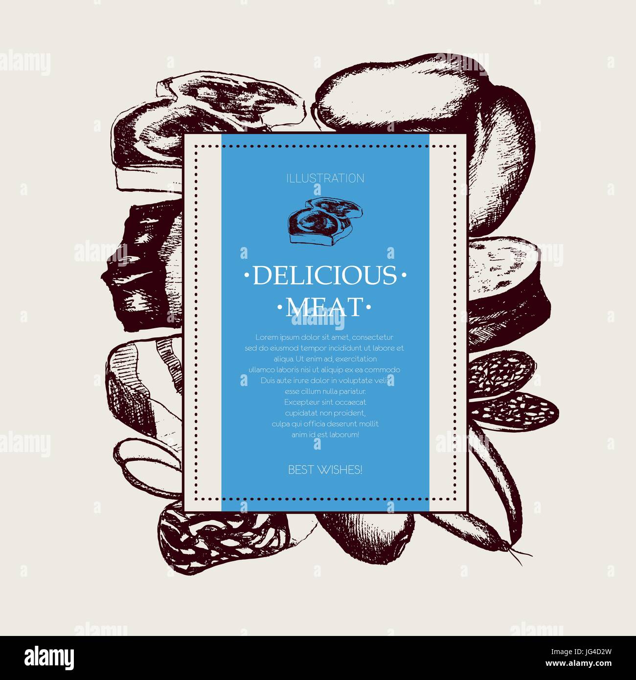 Processed Meat - modern vector hand drawn vintage postcard template ...