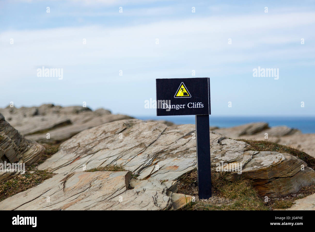 Danger Sign at Tintagel Castle Stock Photo