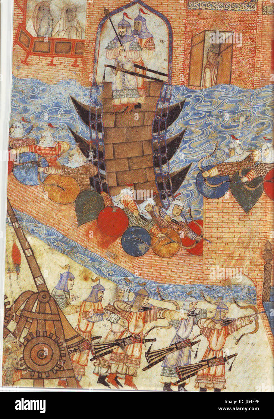 Persian painting of Hülegü s army attacking city with siege engine Stock Photo