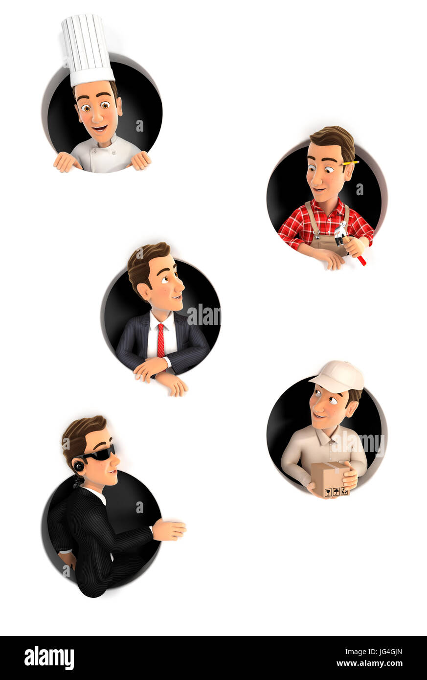 3d man in different jobs coming through circular holes in wall, illustration with isolated white background Stock Photo