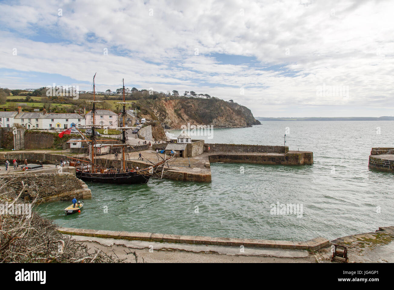 Cornwall, UK: April, 2016: The Phoenix set sail from Charlestown port on the south coast of Cornwall, England. She is a two masted Brig built in 1929. Stock Photo