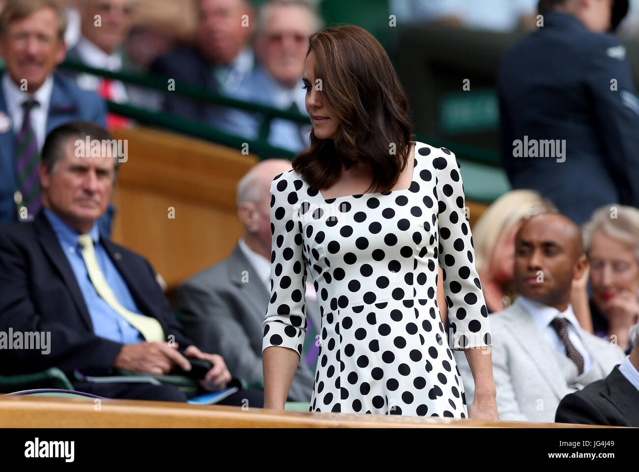 The Duchess of Cambridge in the royal box of Centre Court on day one of the Wimbledon Championships at The All England Lawn Tennis and Croquet Club, Wimbledon. Stock Photo