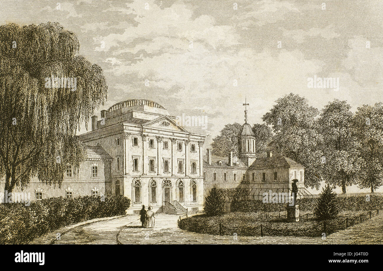 United States. Pennsylvania. Philadelphia. Hospital on Pine Street. It was begun to build in 1755. Engraving. Stock Photo