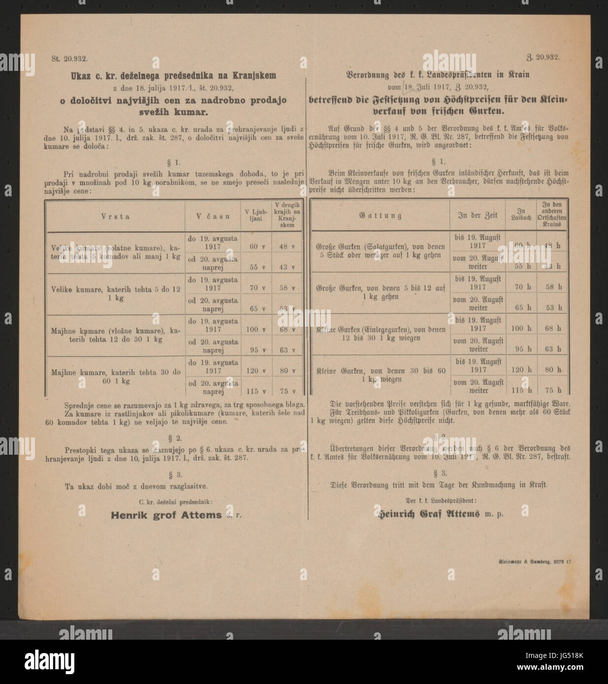 Preise für frische Gurken - Verordnung - Laibach - Mehrsprachiges Plakat 1917 Stock Photo