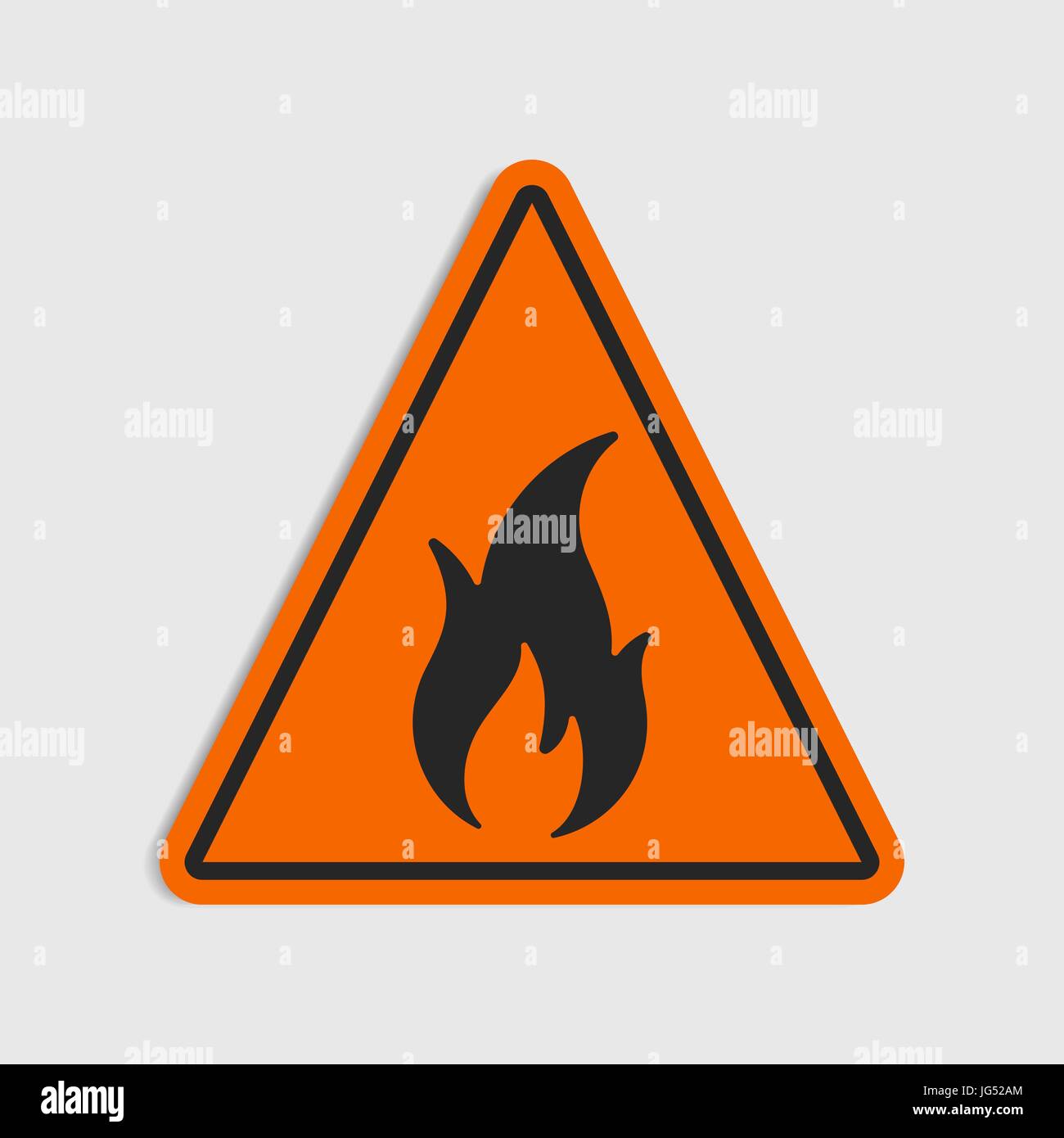 Hazard warning sign. Flammeble. Fire in orange triangle icon Stock