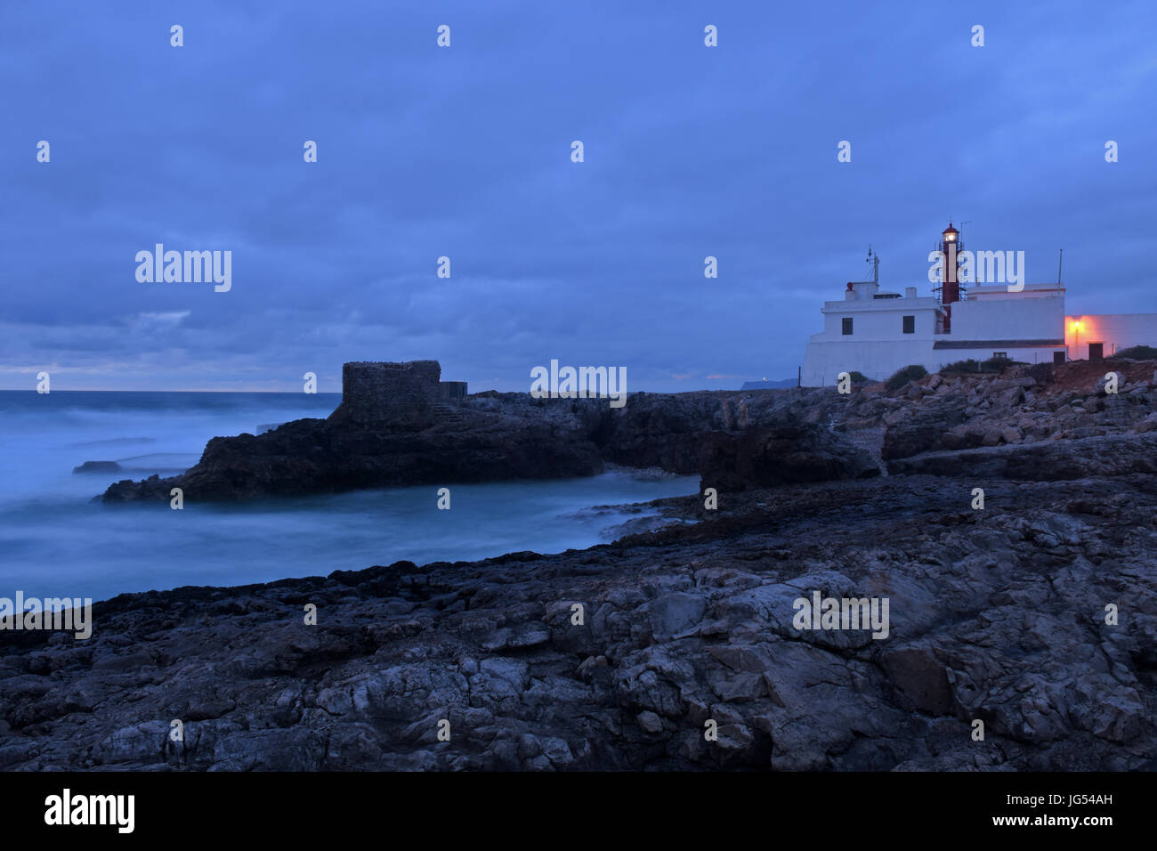 Dusk at the lighthouse Raso, Cascais, Lisboa region, Portugal Stock Photo