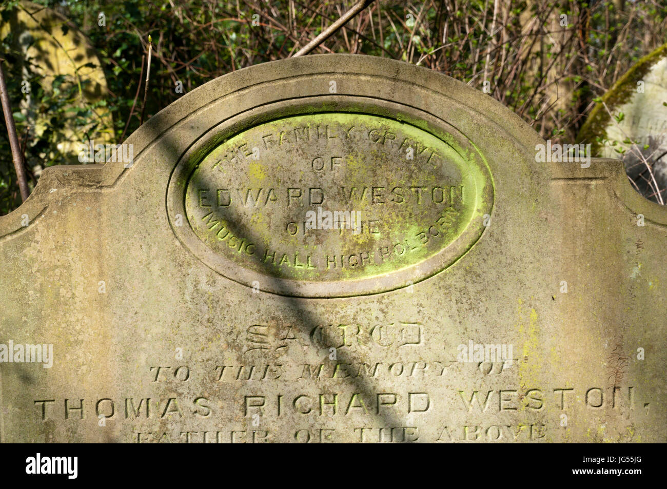 The grave of Edward Weston, the owner of Weston's Music Hall, in Nunhead Cemetery.  DETAILS IN DESCRIPTION. Stock Photo