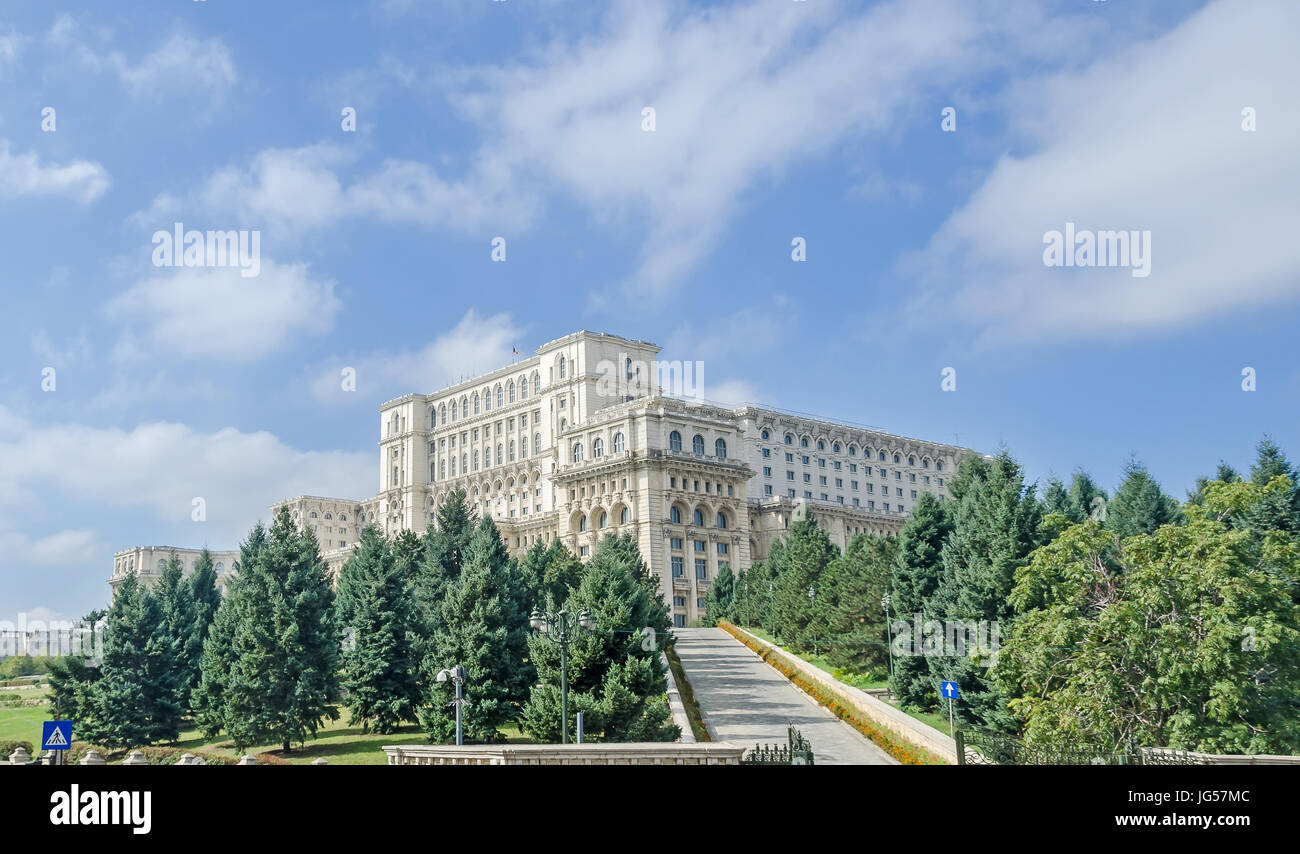 BUCHAREST, ROMANIA - SEPTEMBER 19, 2015. The building called 'Casa Poporului' (People's House), the square 'Piata Constitutiei'. Stock Photo