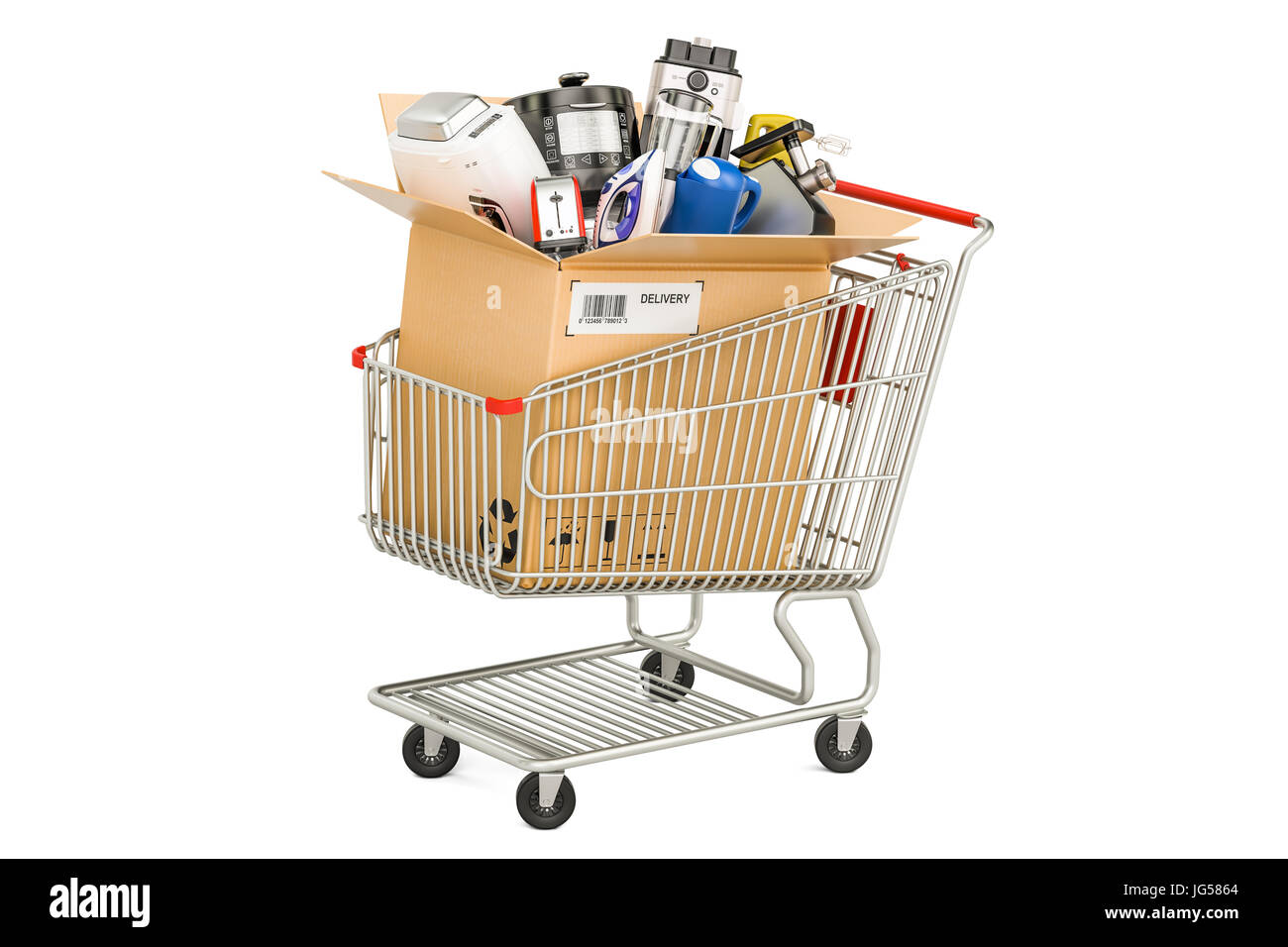 Cardboard box with household and kitchen appliances in the shopping