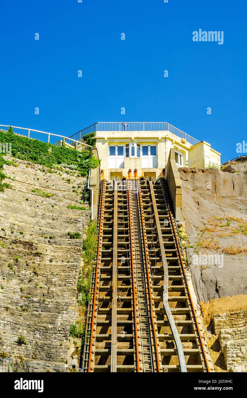 Cliff Rails Cliff railway, funicular cable lift railway, in the seaside village ...