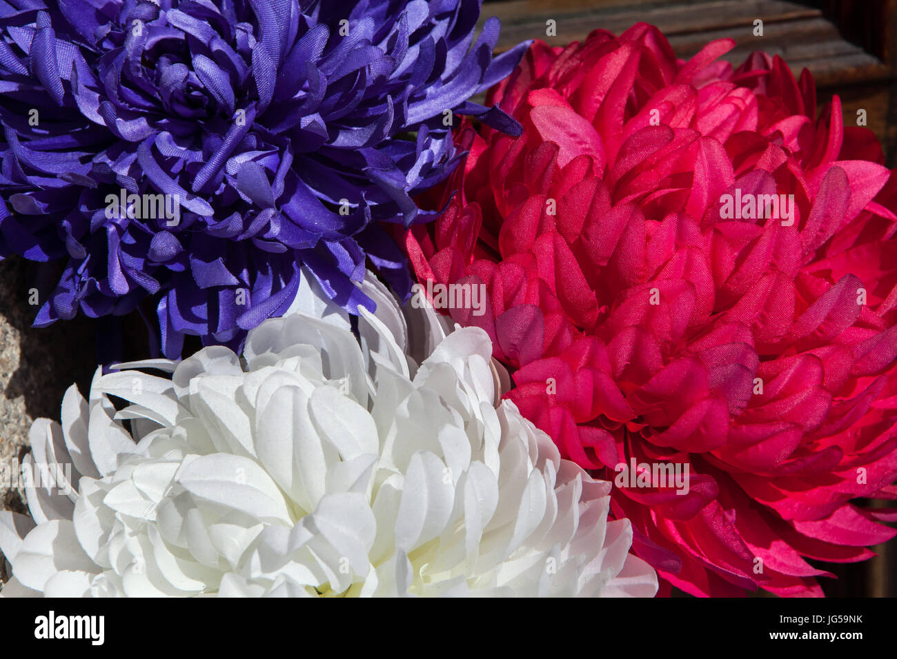 Red, blue and white plastic flowers (Callistephus chinensis). Stock Photo
