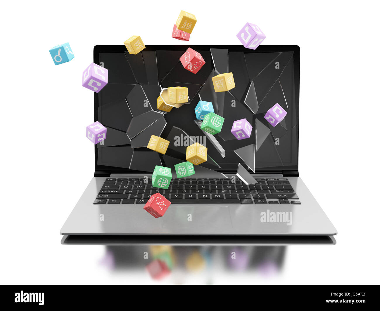 3d renderer illustration. Broken laptop screen with app icons. Online social media concept. Isolated white background Stock Photo