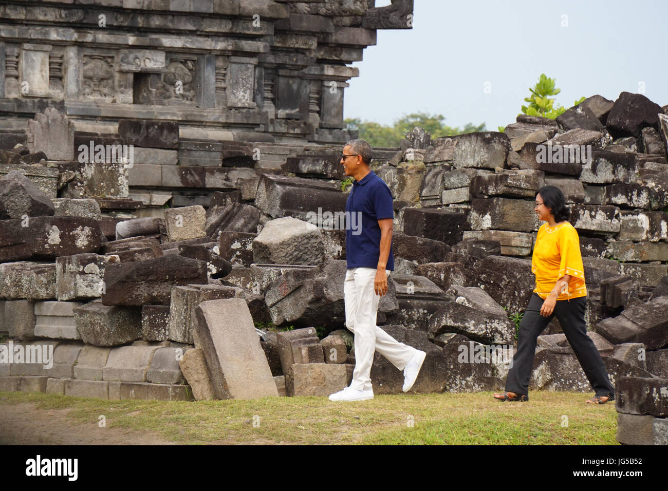 Former U.S. President Barack Hussein Obama explores the Prambanan Temple complex in Yogyakarta, Indonesia on June 29, 2017. Stock Photo