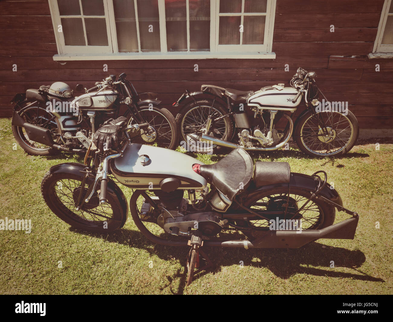 Vintage Triumph motor bikes at the Brooklands Motorcycle day 2/7/2017 Stock Photo